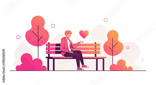 Man on Park Bench with Heart Symbol, Love Concept, Abstract Trees