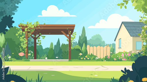 A charming cartoon depiction of a garden scene. It features a pergola, house, and a fence
