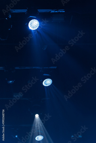 scene, stage light with colored spotlights and smoke