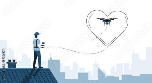 Man on rooftop controlling drone flying in heart shape over city skyline