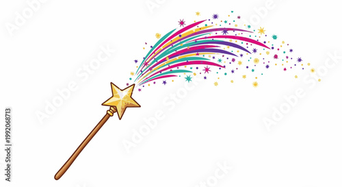 A golden star wand sprays colorful, shimmering magical particles and streaks across a white background