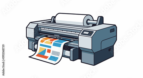 A large printer outputs a colorful graphic onto a roll of paper