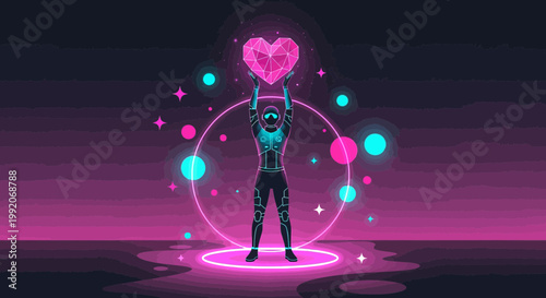 Astronaut Holding Glowing Pink Heart in Cosmic Digital Space with Orbits and Stars
