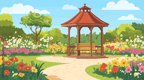 A vibrant garden scene with a gazebo, surrounded by colorful flowers, pathways, and lush greenery