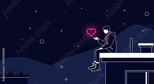 Man on Rooftop Holding Glowing Heart Symbol Under Starry Night Sky