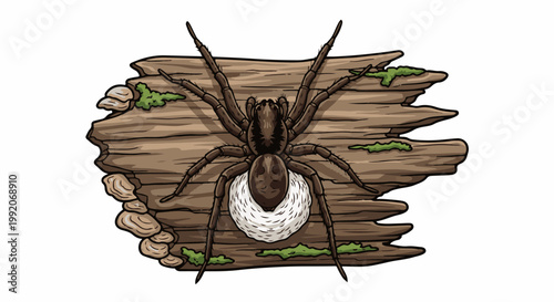 A large spider with a sac of eggs clutches a piece of weathered, moss-covered wood