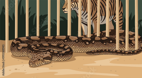 A large snake coiled on sandy ground behind bars, with a tiger visible in the background