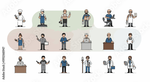 A grid of 15 diverse cartoon professionals, each with distinct attire and tools