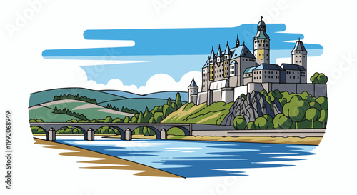 A grand castle stands majestically atop a rocky hill overlooking a wide river and green rolling landscape