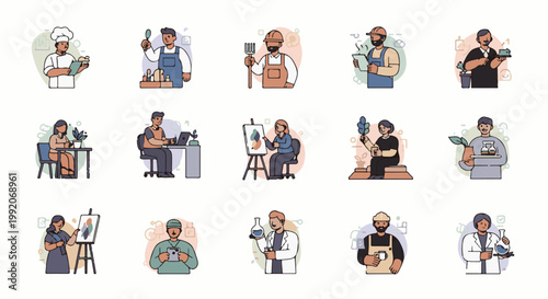 A grid of 15 diverse individuals in stylized, flat design, showcasing various professions