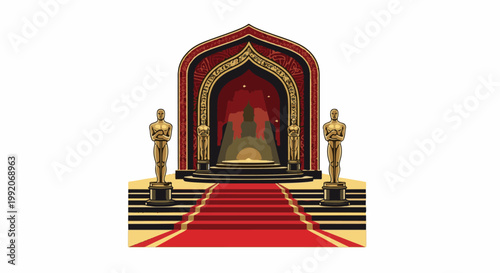 A grand entryway with golden statues on either side of a red carpet leading to a stage
