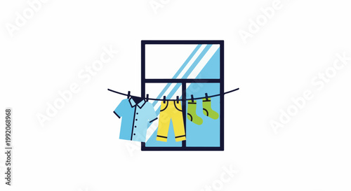 A light blue shirt, yellow pants, and two green socks hang on a clothesline in front of a window