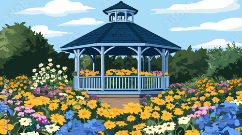 A picturesque scene of a garden featuring a gazebo surrounded by colorful blooming flowers