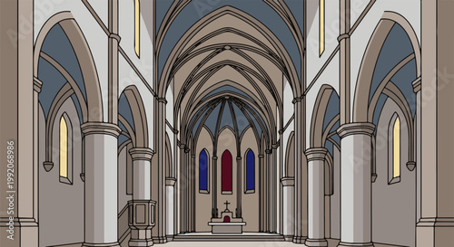 A grand cathedral interior with vaulted ceilings, stone columns, and stained glass windows