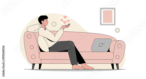 Man on Sofa Sending Love Hearts from Hands, Laptop Nearby, Minimalist Home Interior