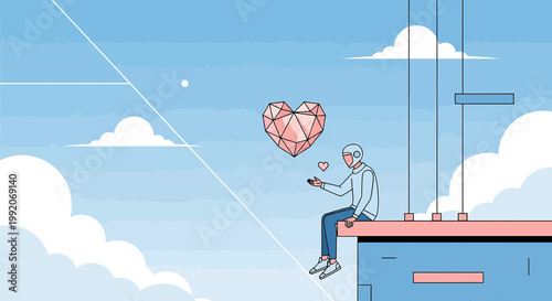 Man on rooftop with geometric heart, digital connection, abstract love concept