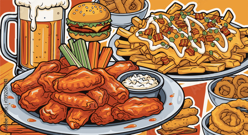 A festive spread of pub favorites, featuring a frothy beer, juicy burger, crispy chicken wings, loaded fries, and onion rings