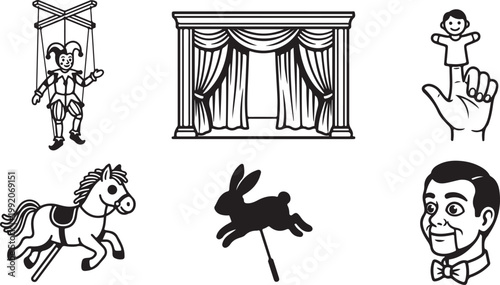 Puppets and stage elements collection black and white line art marionette curtains performance childhood