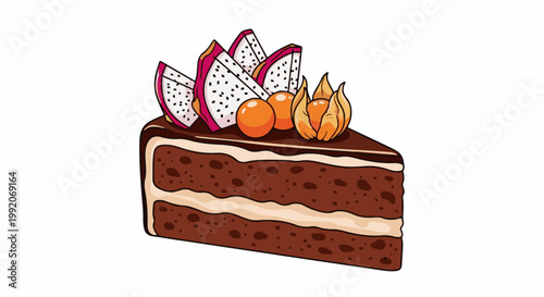 A layered chocolate cake slice adorned with dragon fruit, physalis, and berries