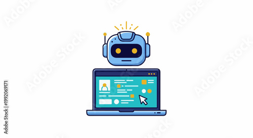 A friendly blue robot head sits atop a laptop displaying profile information