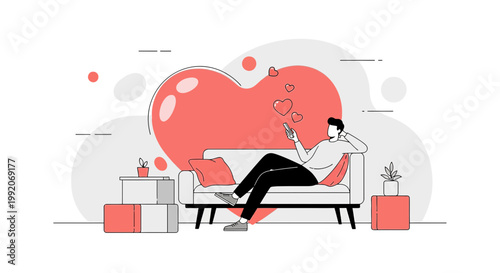 Man on Sofa with Smartphone, Heart Shapes, Love Concept, Modern Minimalist Illustration
