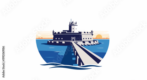 A fortress on a circular island, connected by a bridge, at sunset