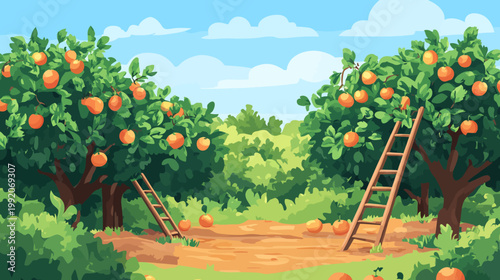 A picturesque orchard scene featuring lush trees laden with ripe fruit, ladders, and clear skies