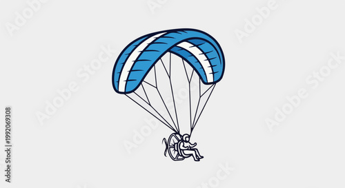 A person with a large blue and white parachute glides through the air
