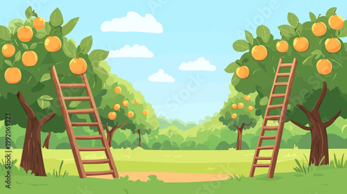 Cartoon depiction of orchard scene with ladders, fruit trees, grass, sky, and fluffy clouds
