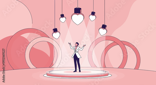 Man on Stage Under Heart Lights, Romantic Performance, Love Show, Abstract Background