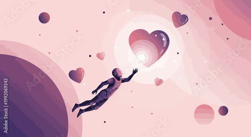 Astronaut Reaching for Glowing Heart in Cosmic Nebula, Love and Dreams Concept