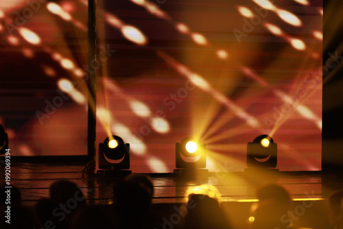 Сoncert on scene theater, stage light with colored spotlights and smoke.