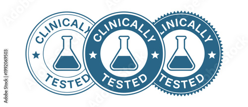 Three blue clinically tested stamps with beakers on a white background