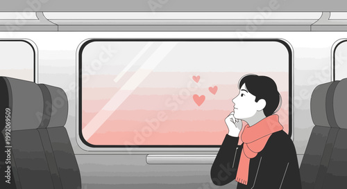 Man on train dreaming of love, hearts in window reflection
