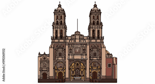A grand, ornate cathedral facade with twin towers, arched entrances, and intricate detailing