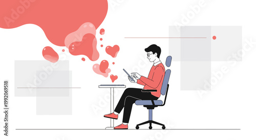 Man on Tablet with Abstract Hearts Floating, Online Dating Concept