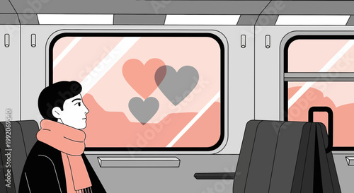 Man on Train Looking at Heart Reflections on Window, Romantic Travel Concept
