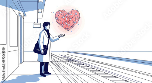 Man on train platform with glowing digital heart, love, technology, connection concept