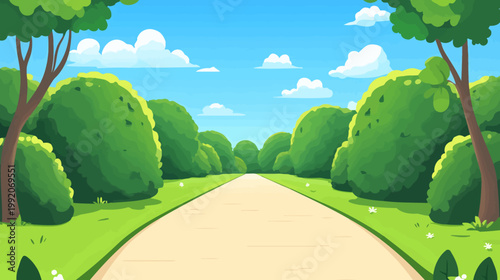 A cartoon illustration of a path through a park, flanked by green hedges and trees under a blue sky