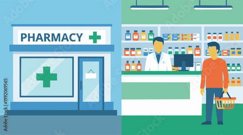 Pharmacy concept: exterior store view and interior with pharmacist, customer
