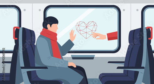 Man on train rejects abstract heart offered through window, connection concept