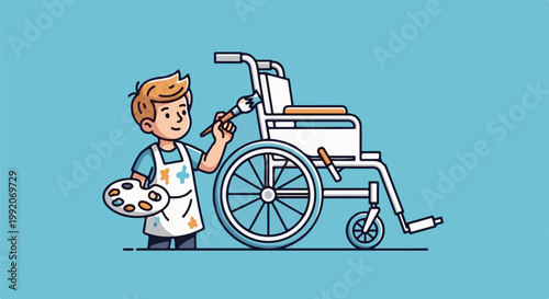 A person with a paintbrush and palette decorates a wheelchair with blue and orange paint