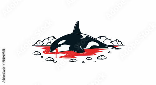 A graphic illustration of a killer whale lying in a pool of red, surrounded by ice chunks and rocks