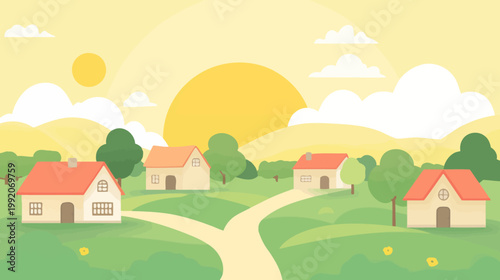 A picturesque cartoon village nestled amidst rolling green hills, a warm sun and soft clouds