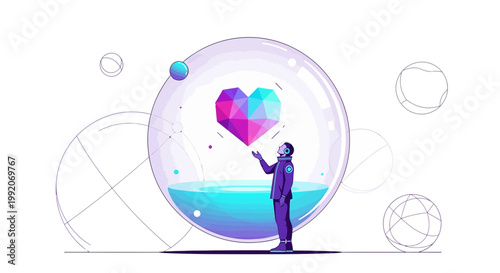 Astronaut with Geometric Heart in Bubble: Love, Dreams, and Future Tech