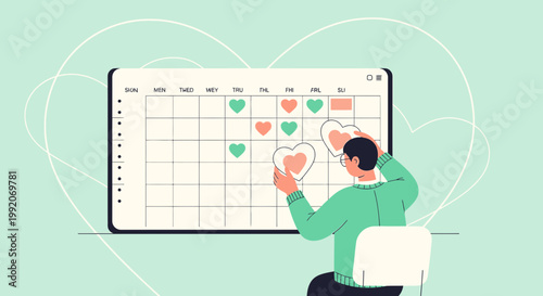 Man plans romantic dates on calendar with heart icons, love planning concept