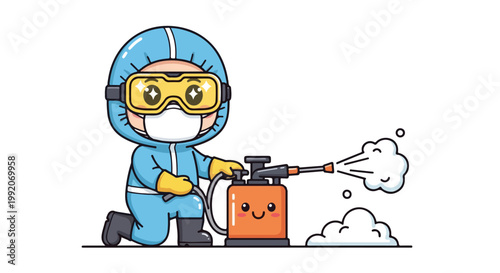 Cute cartoon scientist character wearing protective goggles and blue lab coat conducting experiment with a small