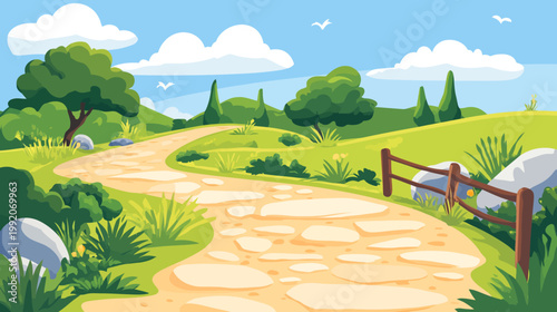 A vibrant illustration depicts a winding path through a picturesque landscape of rolling hills and lush vegetation