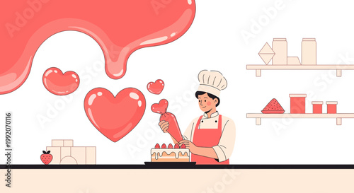 Baker Decorating Cake with Heart Shapes, Love and Sweetness Concept