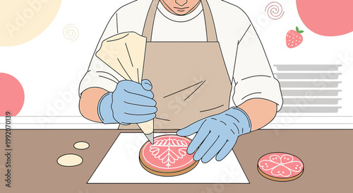 Baker Decorating Cookie with Icing Bag, Close-up Hands Crafting Sweet Pastry